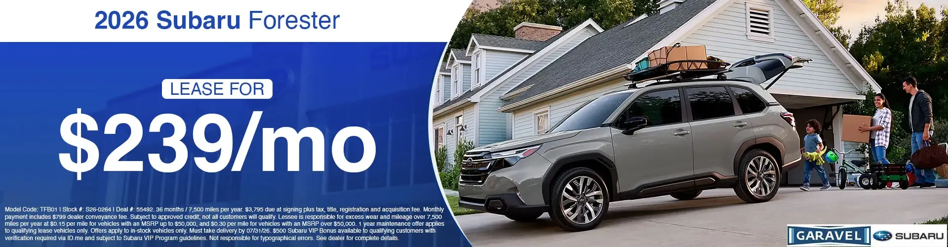 Lease a 2026 Subaru Forester for 239 dollars per month at Garavel Subaru
